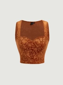 SHEIN MOD 花卉圖案提花雞心領口背心上衣 - 鏽棕色 - 查看 1