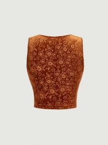 SHEIN MOD 花卉圖案提花雞心領口背心上衣 - 鏽棕色 - 查看 2