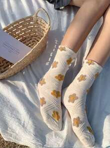 4 Pairs Randomly Shipped Flower Pattern Breathable Moisture-Absorbing Mid-Calf Socks - Multicolor - View 3