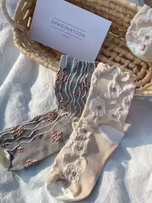 4 Pairs Randomly Shipped Flower Pattern Breathable Moisture-Absorbing Mid-Calf Socks - Multicolor - View 5