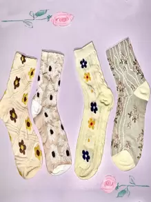 4 Pairs Randomly Shipped Flower Pattern Breathable Moisture-Absorbing Mid-Calf Socks - Multicolor - View 7