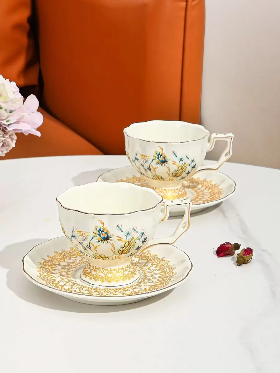 2pcs/set Porcelain Mug & Plate, Modern Flower Pattern Coffee Mug & Table Plate For Home, Office