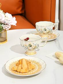 2pcs/set Porcelain Mug & Plate, Modern Flower Pattern Coffee Mug & Table Plate For Home, Office