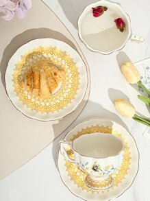 2pcs/set Porcelain Mug & Plate, Modern Flower Pattern Coffee Mug & Table Plate For Home, Office