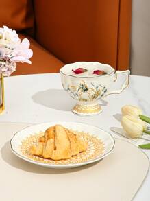 2pcs/set Porcelain Mug & Plate, Modern Flower Pattern Coffee Mug & Table Plate For Home, Office