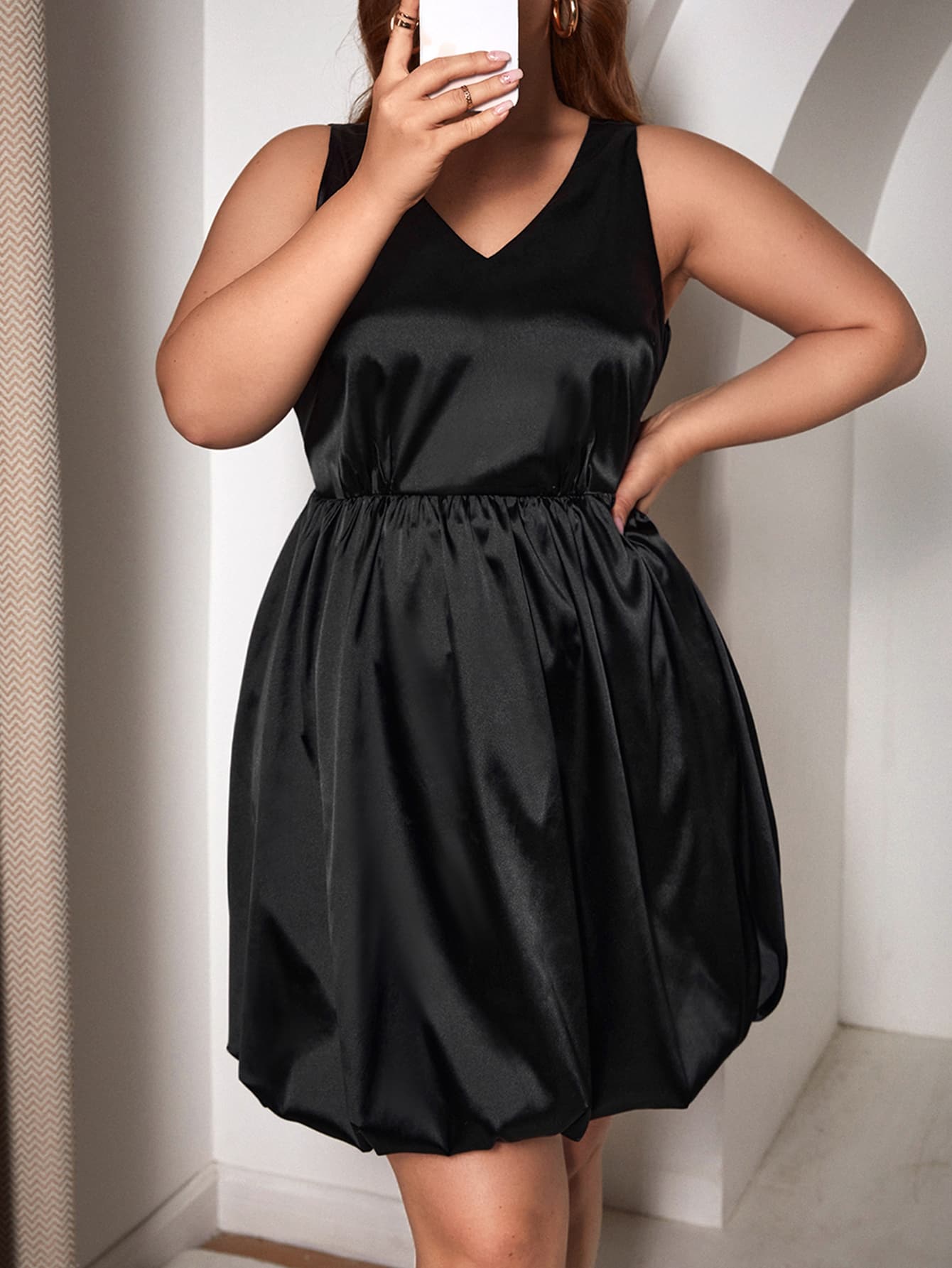 SHEIN SXY Plus Solid Satin Dress - Black - View 1
