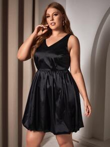 SHEIN SXY Plus Solid Satin Dress - Black - View 3