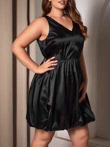 SHEIN SXY Plus Solid Satin Dress - Black - View 4