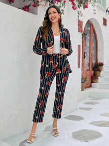 SHEIN Clasi Pantalones con blazer con estampado de rayas & floral - Multicolor - Ver 1
