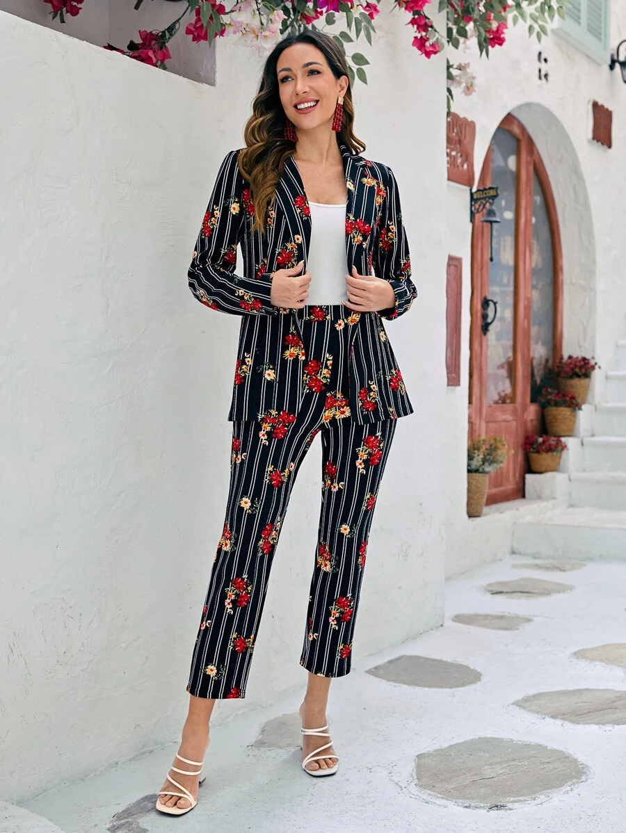 SHEIN Clasi Pantalones con blazer con estampado de rayas & floral - Multicolor - Ver 1