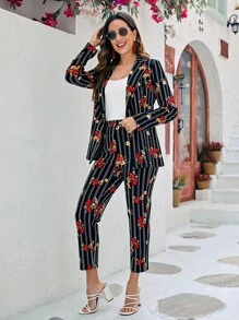SHEIN Clasi Pantalones con blazer con estampado de rayas & floral - Multicolor - Ver 3