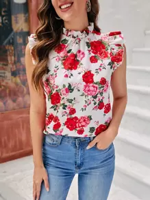 SHEIN Clasi Floral Print Ruffle Trim Mock Neck Blouse - Multicolor - View 1