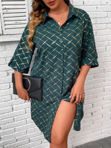 SHEIN LUNE Vestido camisero dorado con estampado geométrico de hombros caídos - Verde Oscuro - Ver 1