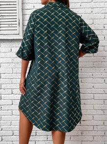 SHEIN LUNE Vestido camisero dorado con estampado geométrico de hombros caídos - Verde Oscuro - Ver 2