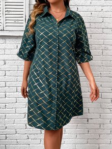 SHEIN LUNE Vestido camisero dorado con estampado geométrico de hombros caídos - Verde Oscuro - Ver 4