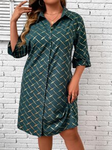 SHEIN LUNE Vestido camisero dorado con estampado geométrico de hombros caídos - Verde Oscuro - Ver 5
