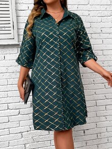 SHEIN LUNE Vestido camisero dorado con estampado geométrico de hombros caídos - Verde Oscuro - Ver 6