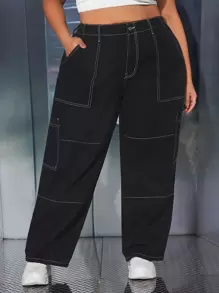 SHEIN CURVE+ Plus Top-stitching Flap Pocket Cargo Jeans - Black - View 2