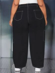 SHEIN CURVE+ Plus Top-stitching Flap Pocket Cargo Jeans - Black - View 3