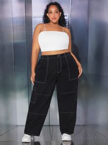SHEIN CURVE+ Plus Top-stitching Flap Pocket Cargo Jeans - Black - View 4