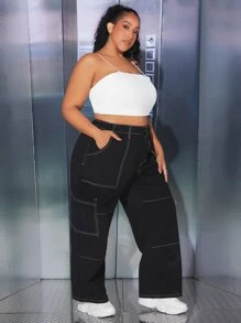 SHEIN CURVE+ Plus Top-stitching Flap Pocket Cargo Jeans - Black - View 5