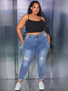 SHEIN CURVE+ Plus Ripped Raw Cut Asymmetrical Hem Skinny Jeans - Medium Wash - View 4