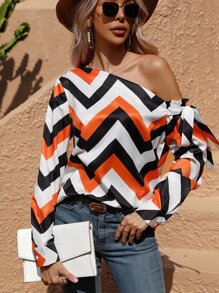 SHEIN LUNE Blusa con estampado de cheurón con nudo lateral de cuello asimétrico - Multicolor - Ver 1