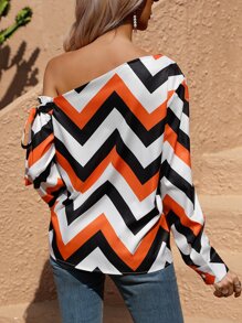 SHEIN LUNE Blusa con estampado de cheurón con nudo lateral de cuello asimétrico - Multicolor - Ver 2