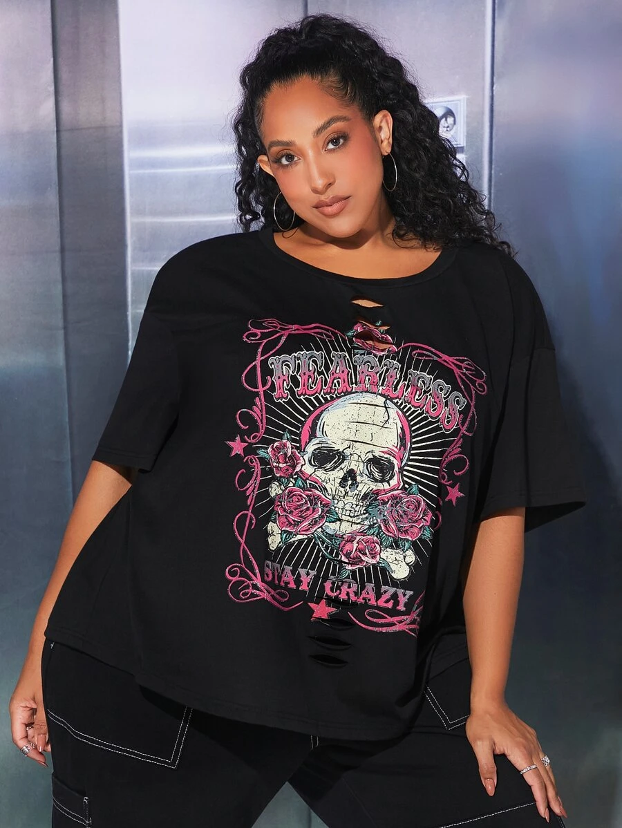 SHEIN CURVE+ Camiseta de hombros caídos con estampado floral con cráneo desgarro - Negro - Ver 1
