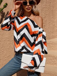 SHEIN LUNE Blusa con estampado de cheurón con nudo lateral de cuello asimétrico - Multicolor - Ver 6