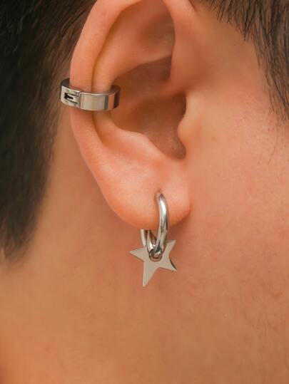 1pc Guys Star Decor Drop Earring & 1pc Ear Cuff