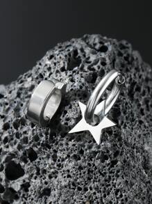 1 pendiente de gota de decoración de estrella para hombre de moda y popular y 1 brazalete de acero inoxidable para regalo de joyería y para una apariencia elegante - Plateado - Ver 2