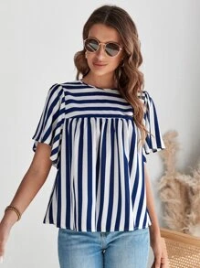 SHEIN LUNE Striped Print Butterfly Sleeve Smock Top - Blue and White - View 1
