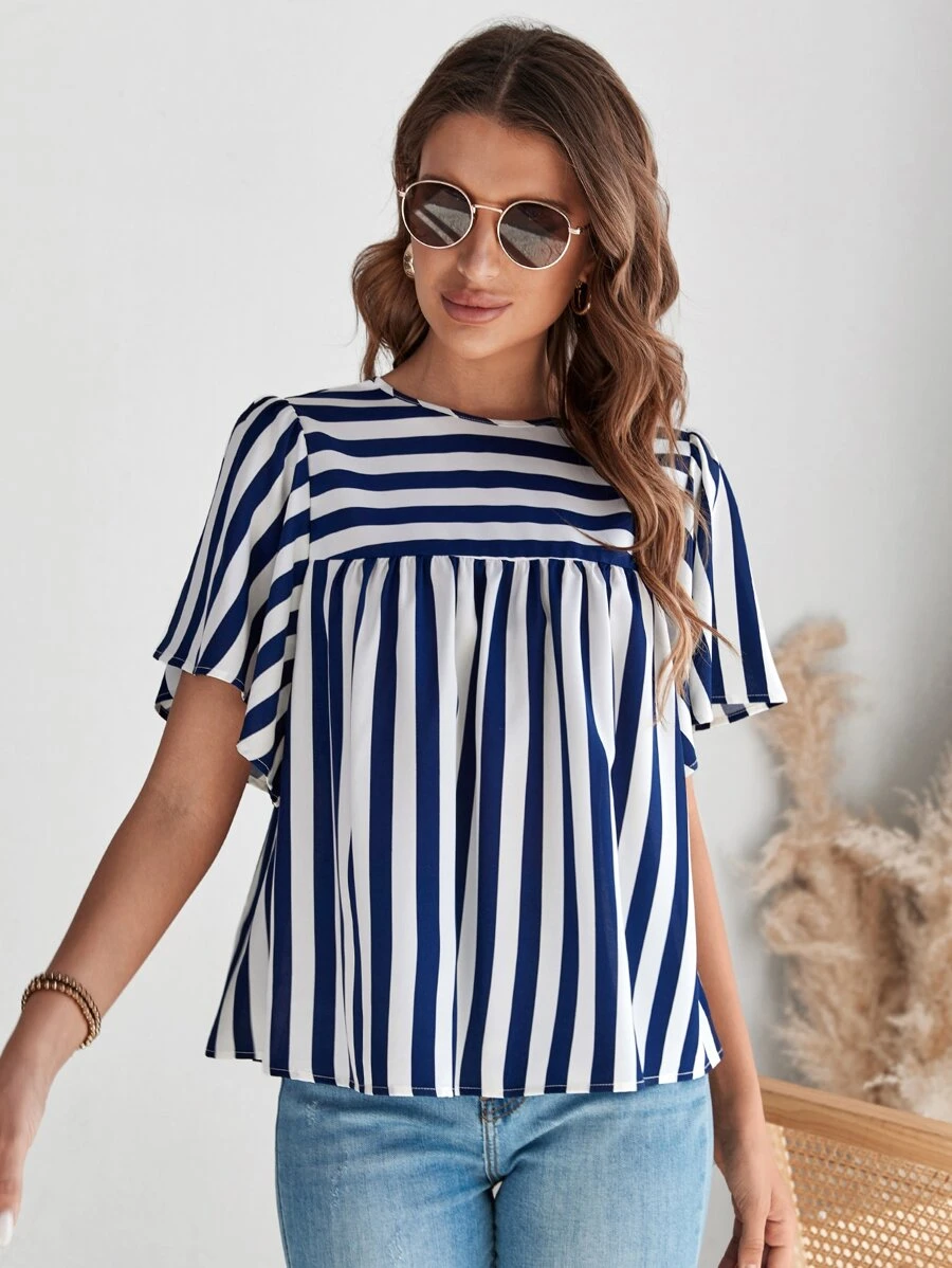 SHEIN LUNE Striped Print Butterfly Sleeve Smock Top - Blue and White - View 1