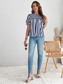 SHEIN LUNE Striped Print Butterfly Sleeve Smock Top - Blue and White - View 3