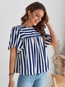 SHEIN LUNE Striped Print Butterfly Sleeve Smock Top - Blue and White - View 5