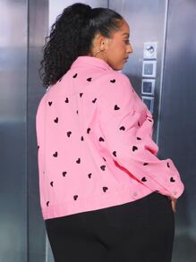 SHEIN CURVE+ Plus Heart Print Drop Shoulder Denim Jacket - Baby Pink - View 2
