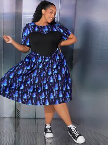 SHEIN CURVE+ Plus Graphic Print A-line Dress - Multicolor - View 1