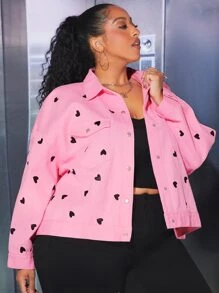 SHEIN CURVE+ Plus Heart Print Drop Shoulder Denim Jacket - Baby Pink - View 6