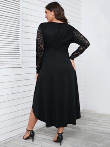 SHEIN LUNE Plus Contrast Lace High Low Hem Dress - Black - View 2