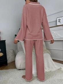 撞色滾邊落肩袖休閒服套裝 - 藕粉色 - 查看 2