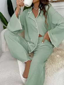 Contrast Binding Drop Shoulder Top & Pants Lounge Set Outfit