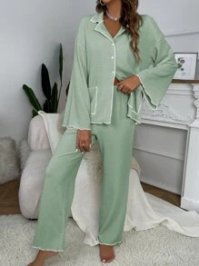 Contrast Binding Drop Shoulder Top & Pants Lounge Set Outfit