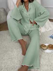 Contrast Binding Drop Shoulder Top & Pants Lounge Set Outfit