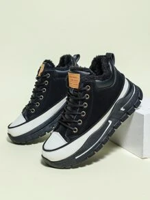 高幫前綁帶加絨內裏老爹鞋 - 黑與白 - 查看 2