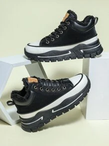 高幫前綁帶加絨內裏老爹鞋 - 黑與白 - 查看 5