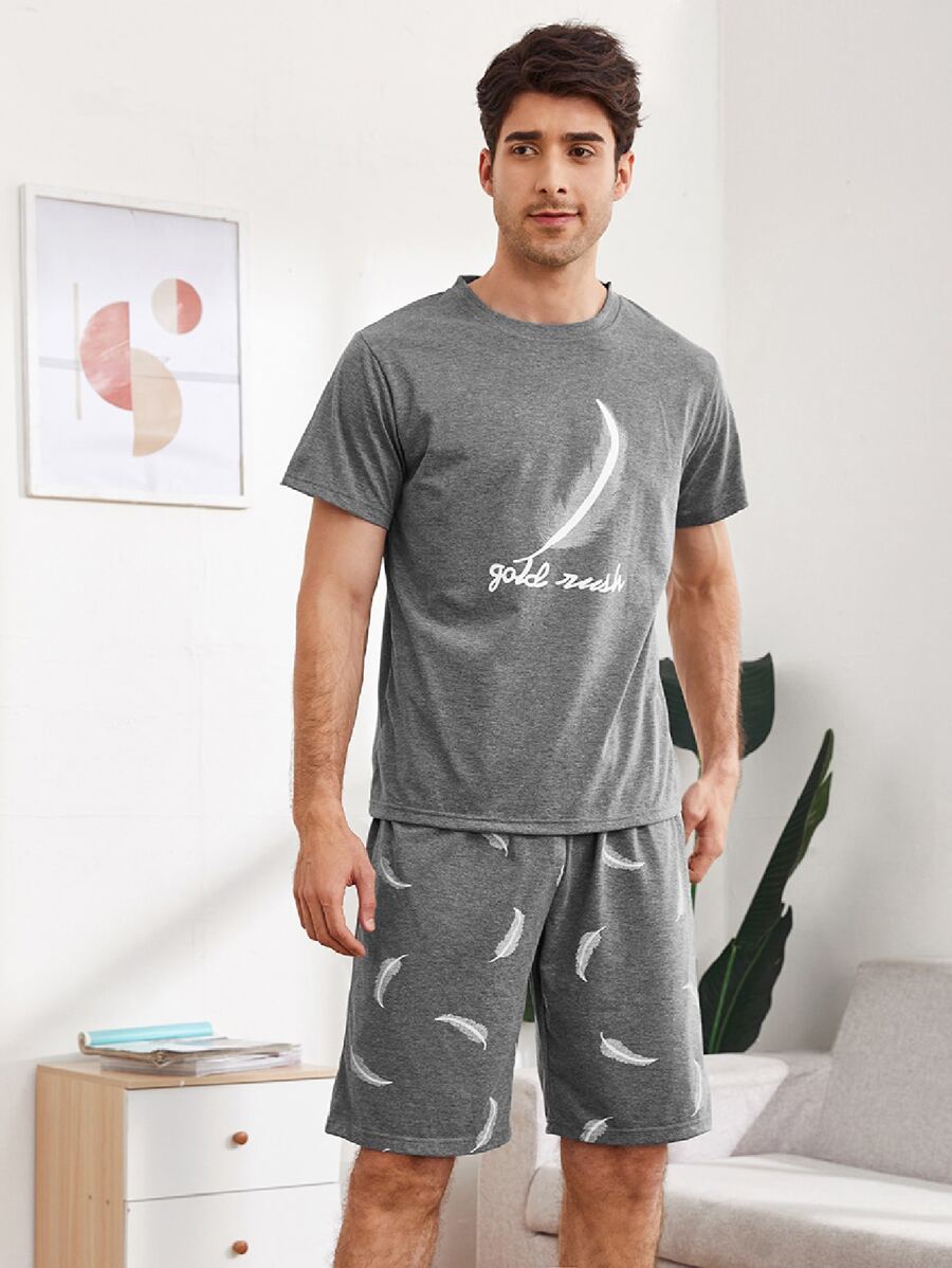 Men Feather And Letter Graphic Slant Pocket PJ Set - Grey - View 1