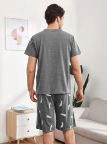 Men Feather And Letter Graphic Slant Pocket PJ Set - Grey - View 2