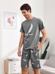 Men Feather And Letter Graphic Slant Pocket PJ Set - Grey - View 3