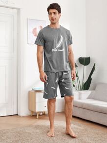 Men Feather And Letter Graphic Slant Pocket PJ Set - Grey - View 4